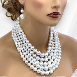 Statement Faux Pearl Multi-Strand Necklace & Earring Set – Elegant Bridal Glam